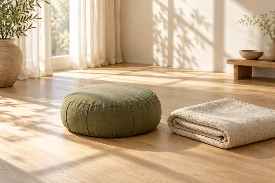 Zsályazöld meditációs párna világos fapadlón